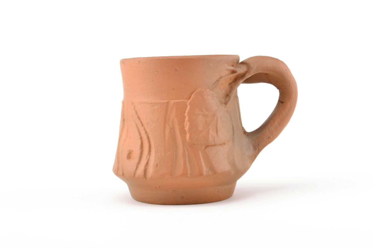 Art 5 oz terracotta color clay cup with handle and molded leaf with handle photo 3