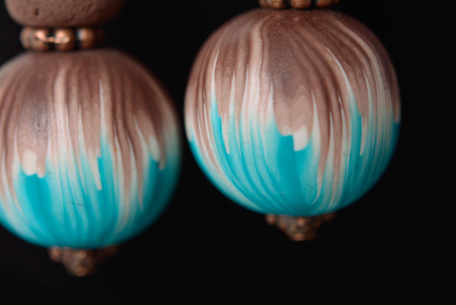 Designer brown and blue ball shaped polymer clay dangle earrings handmade photo 3