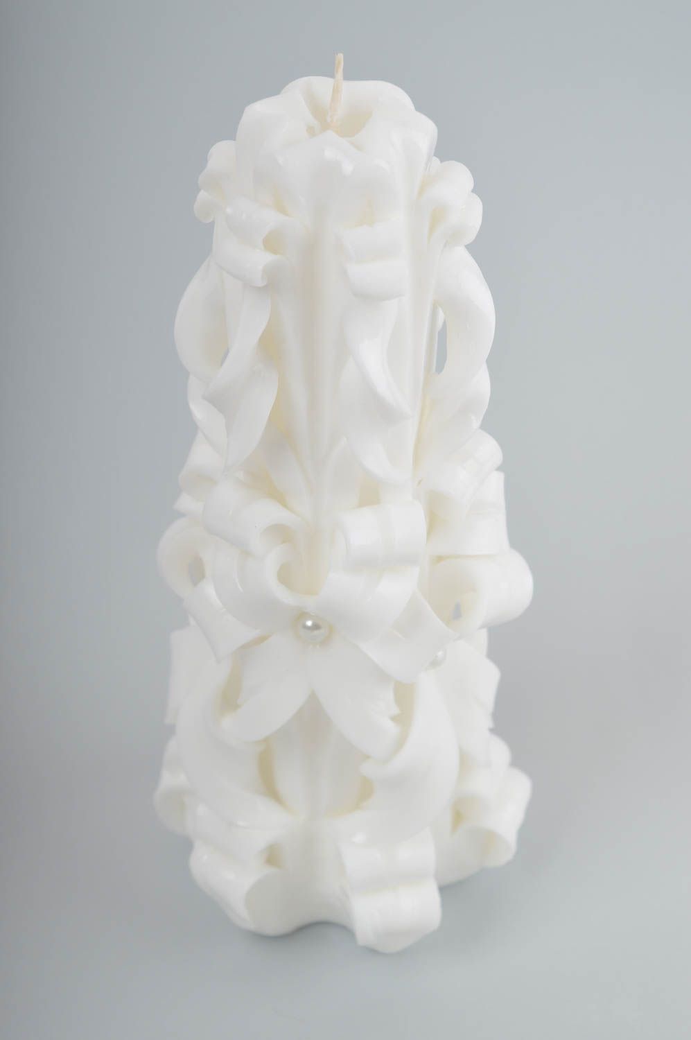 White handmade wedding carved festive candle 8,6 inches, 1,08 lb photo 2