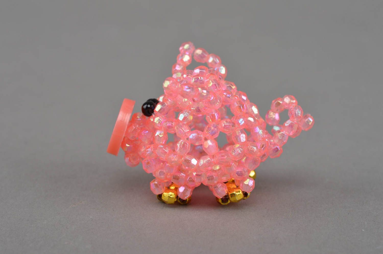 Unusual pink handmade designer beaded figurine of pig decorated with button photo 4