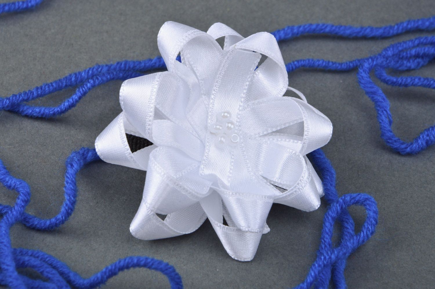 Festive handmade volume satin ribbon flower hair tie of white color photo 1