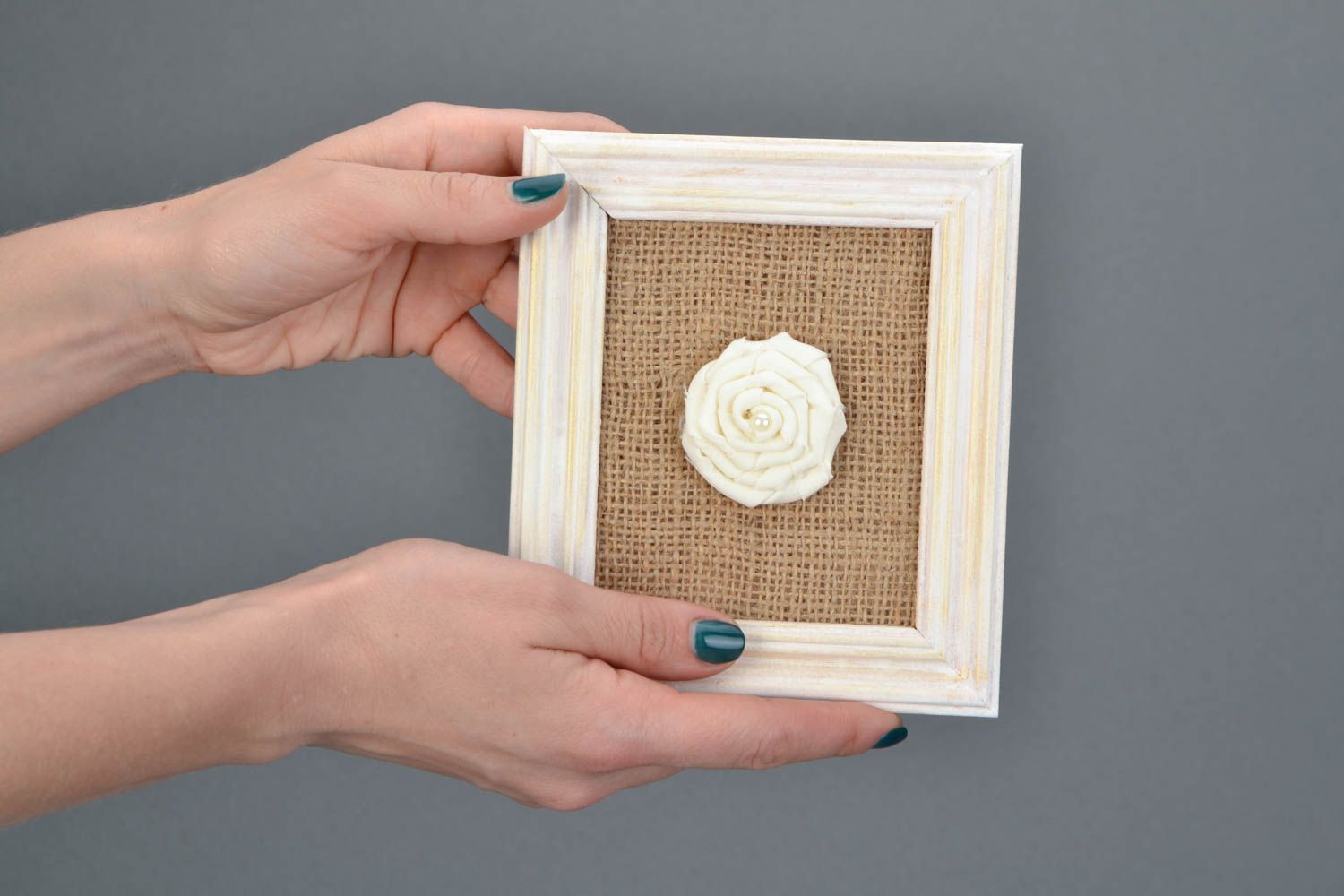 Handmade small burlap wall panel with fabric rose in white wooden frame photo 2