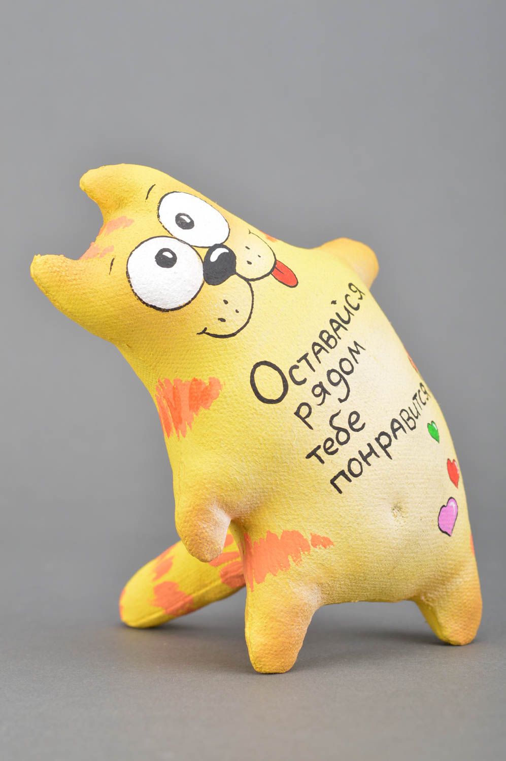 Homemade designer decorative soft toy sewn of painted cotton with lettering Cat photo 2