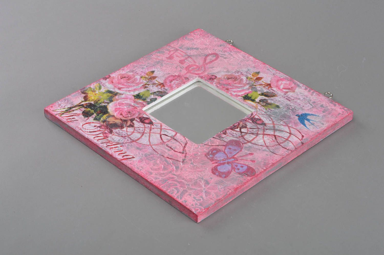Beautiful pink handmade square mirror in decoupage wooden frame photo 1