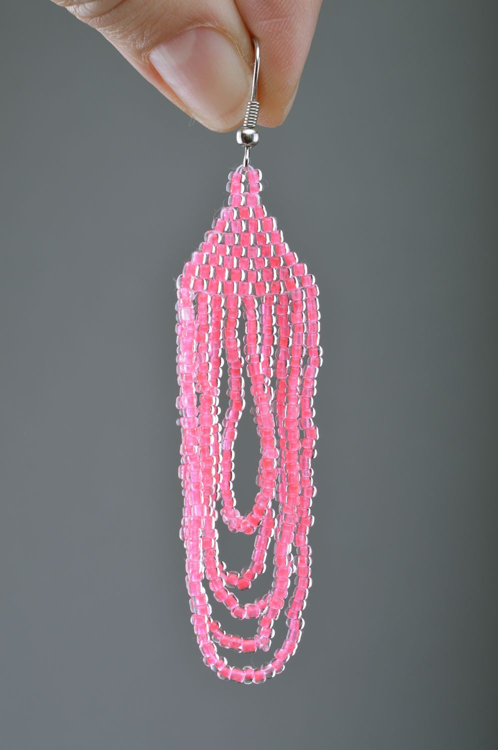 Набор украшений кольцо и серьги из чешского бисера ручной работы розовые плетеные фото 3