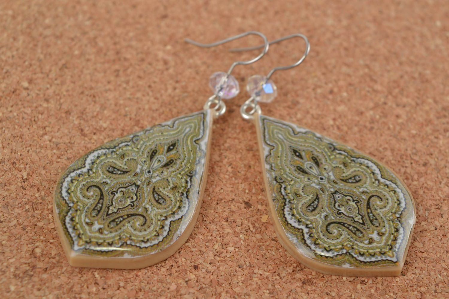 Beautiful handmade designer polymer clay earrings with decoupage Oriental style photo 1