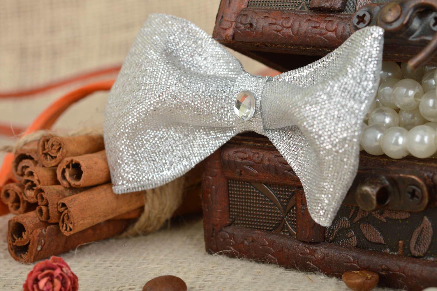 Handmade designer children's hair clip with silver bow with rhinestones photo 1