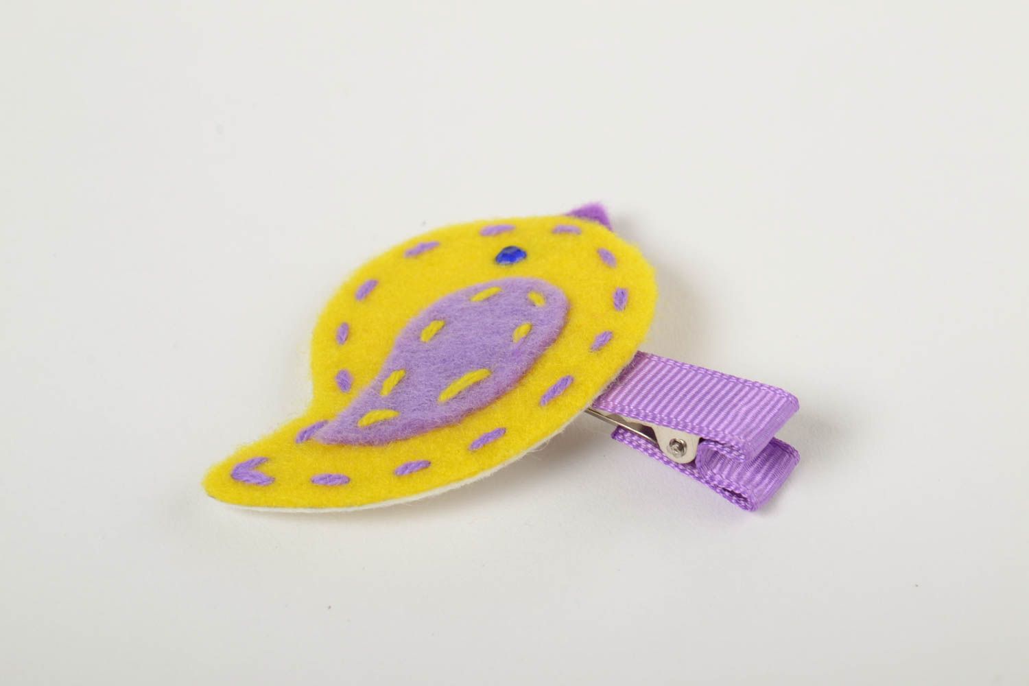 Handmade hairpin made of rep ribbons and fleece for baby Bird yellow and purple photo 4