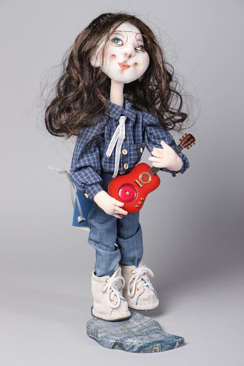 Collectible fabric doll on stand Girl with Guitar photo 1