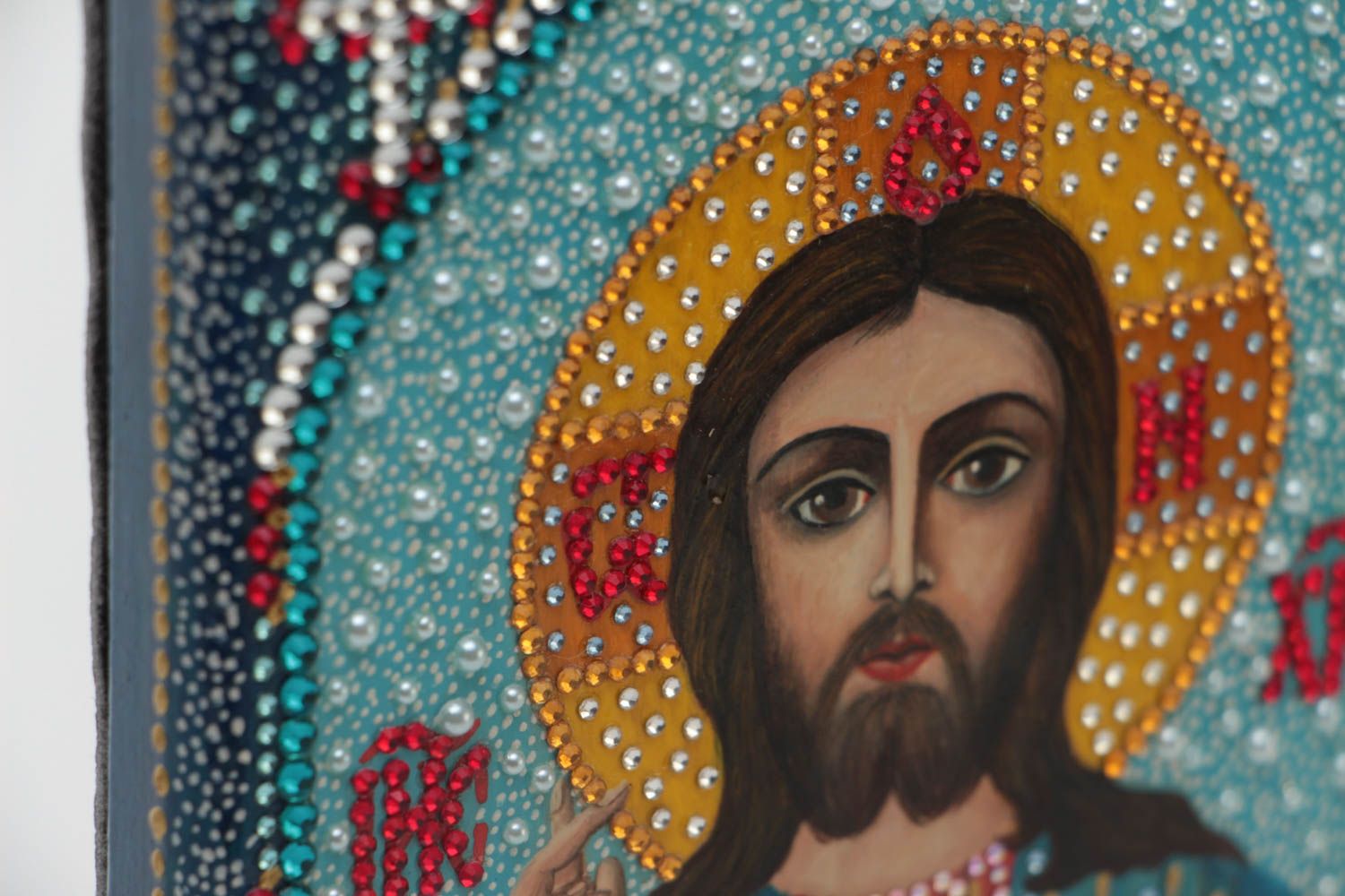 Handmade beautiful icon painted with gouache on wooden basis with rhinestones photo 3