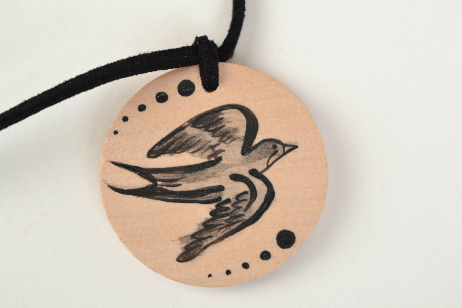 Handmade round wooden pendant with painting Swallow photo 4