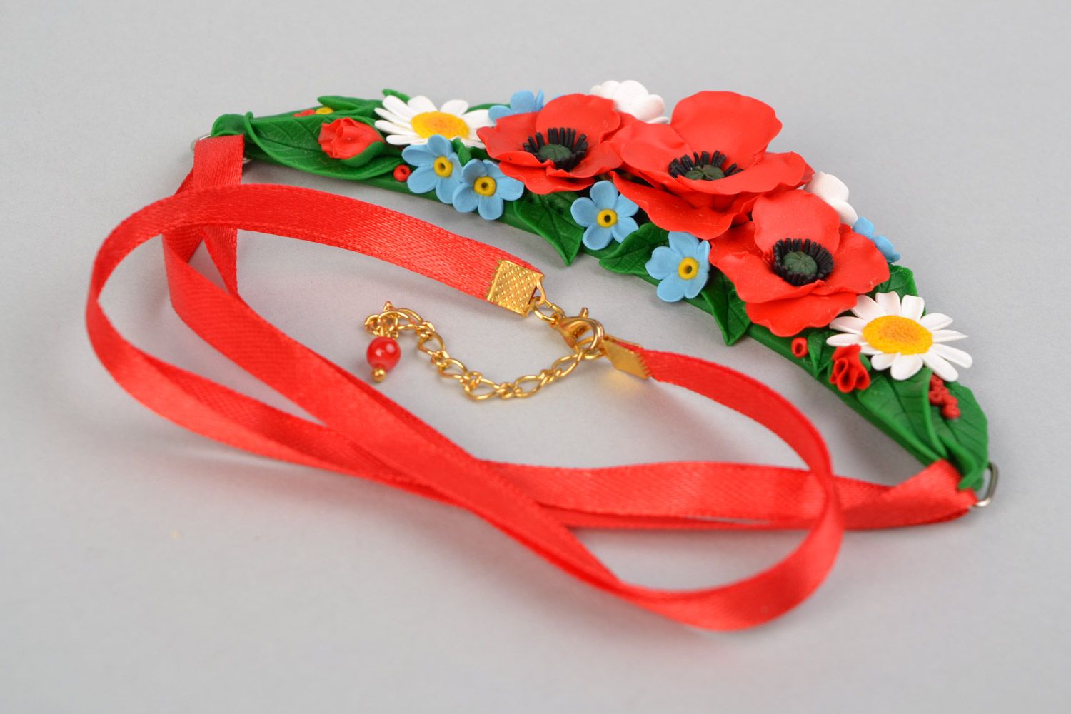 Festive handmade polymer clay colorful floral necklace on red satin ribbon photo 4