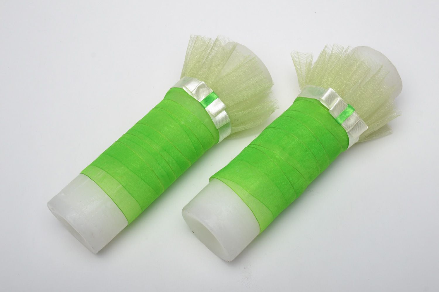 Handmade decorative wax wedding candles in white and green colors 2 items photo 3