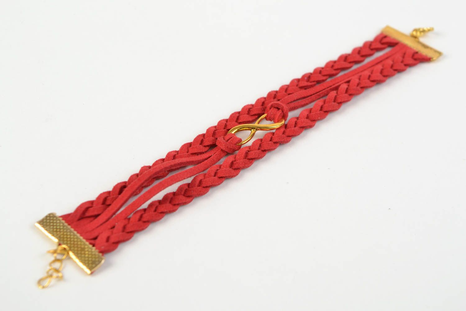 Bright red handmade woven suede bracelet with metal charm photo 5