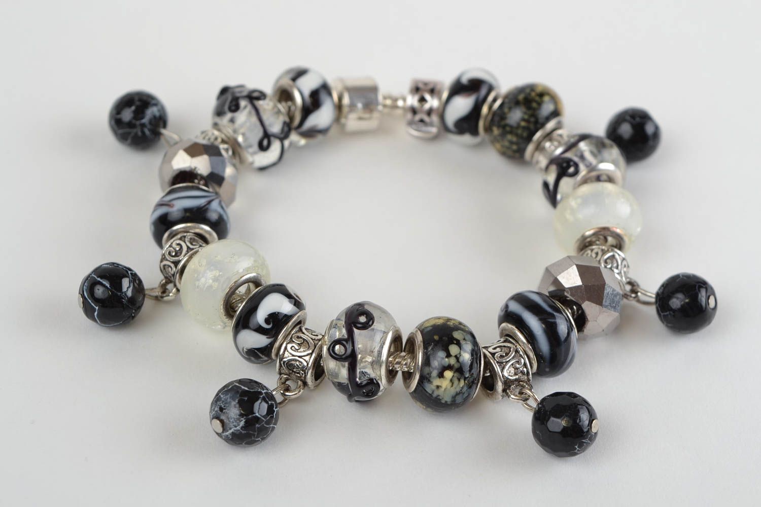 Handmade black and white glass and agate beads wrist bracelet designer women's  photo 5