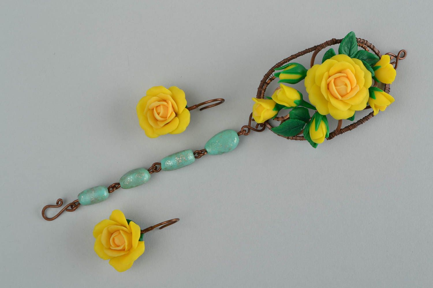 Homemade charm jewelry set yellow roses flower cuff bracelet and earrings for women and girls photo 3