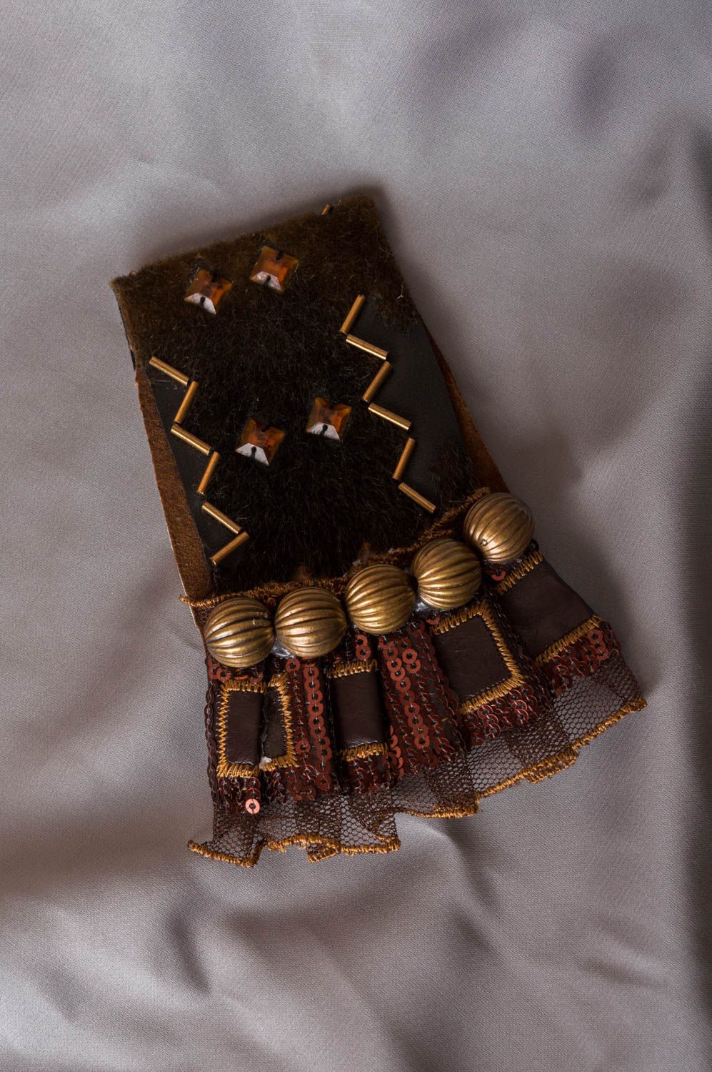 Unusual handmade designer leather brooch with beads paillettes and brass photo 1
