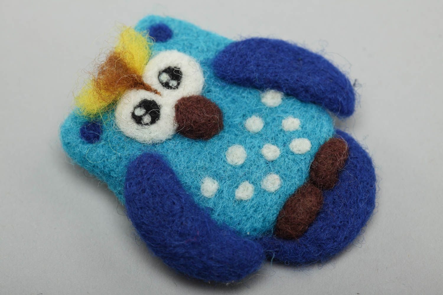 Handmade designer small funny animal brooch felted of wool blue owl for kids photo 2
