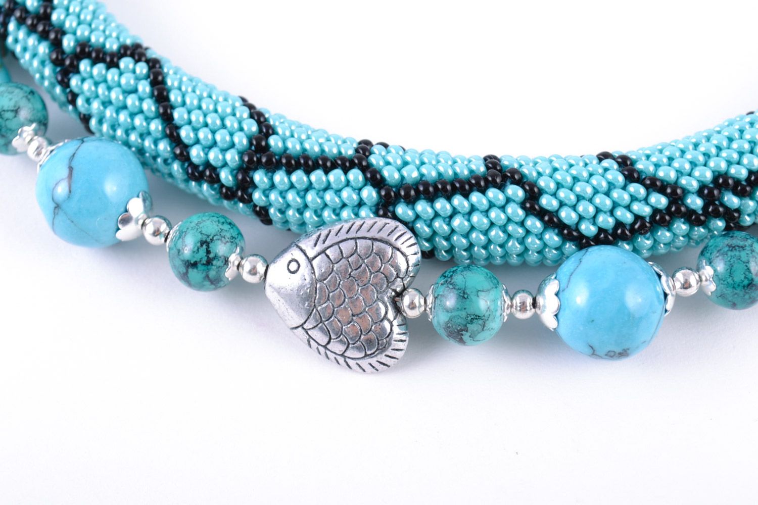 Beautiful handmade women's woven beaded cord necklace with turquoise stone photo 3