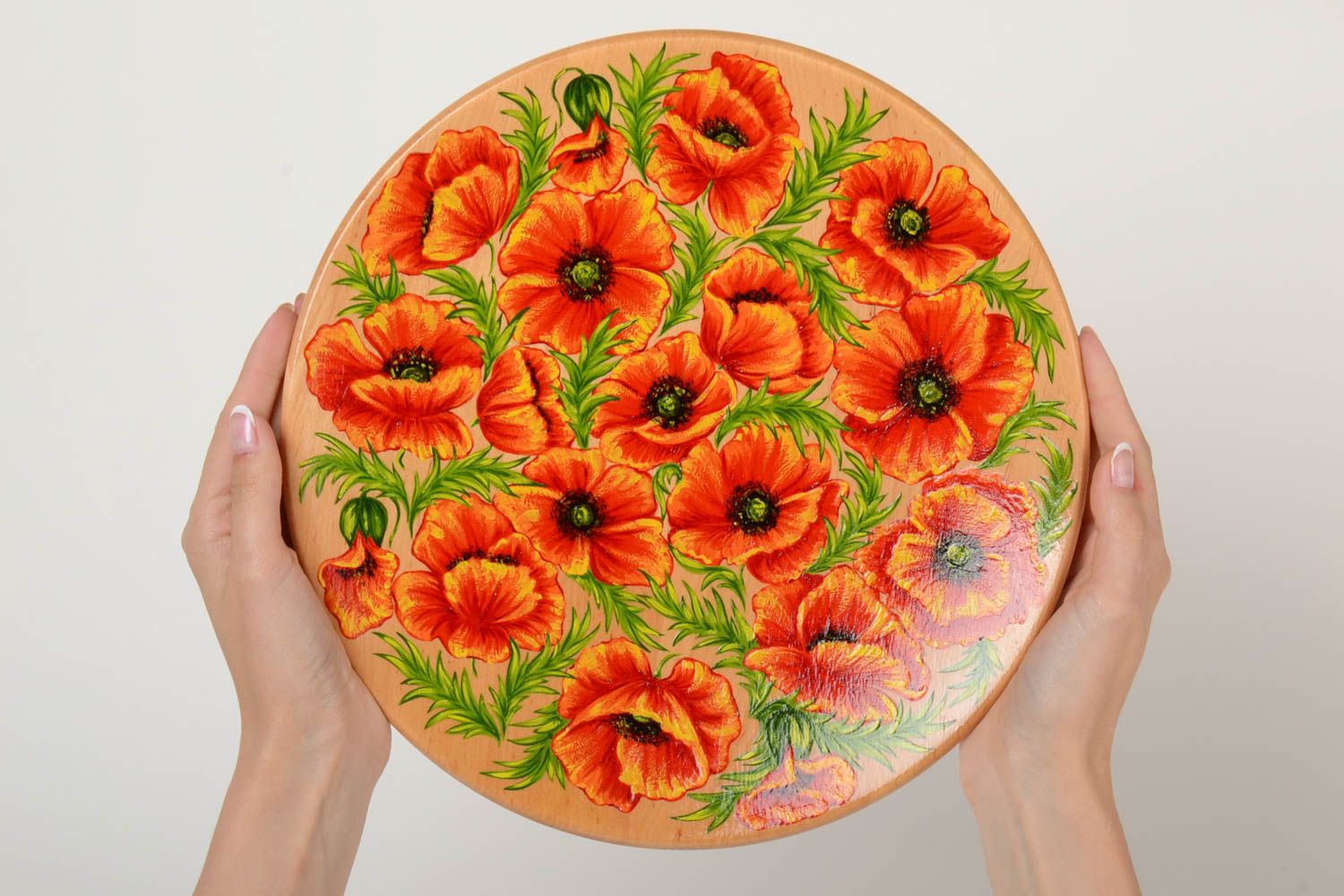 Jolie assiette en bois peinte décorative murale faite main avec fleurs de pavot photo 5