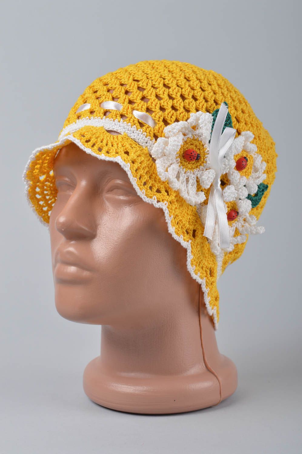 Детская шляпа ручной работы вязаная шляпа головной убор желтый с цветами фото 1