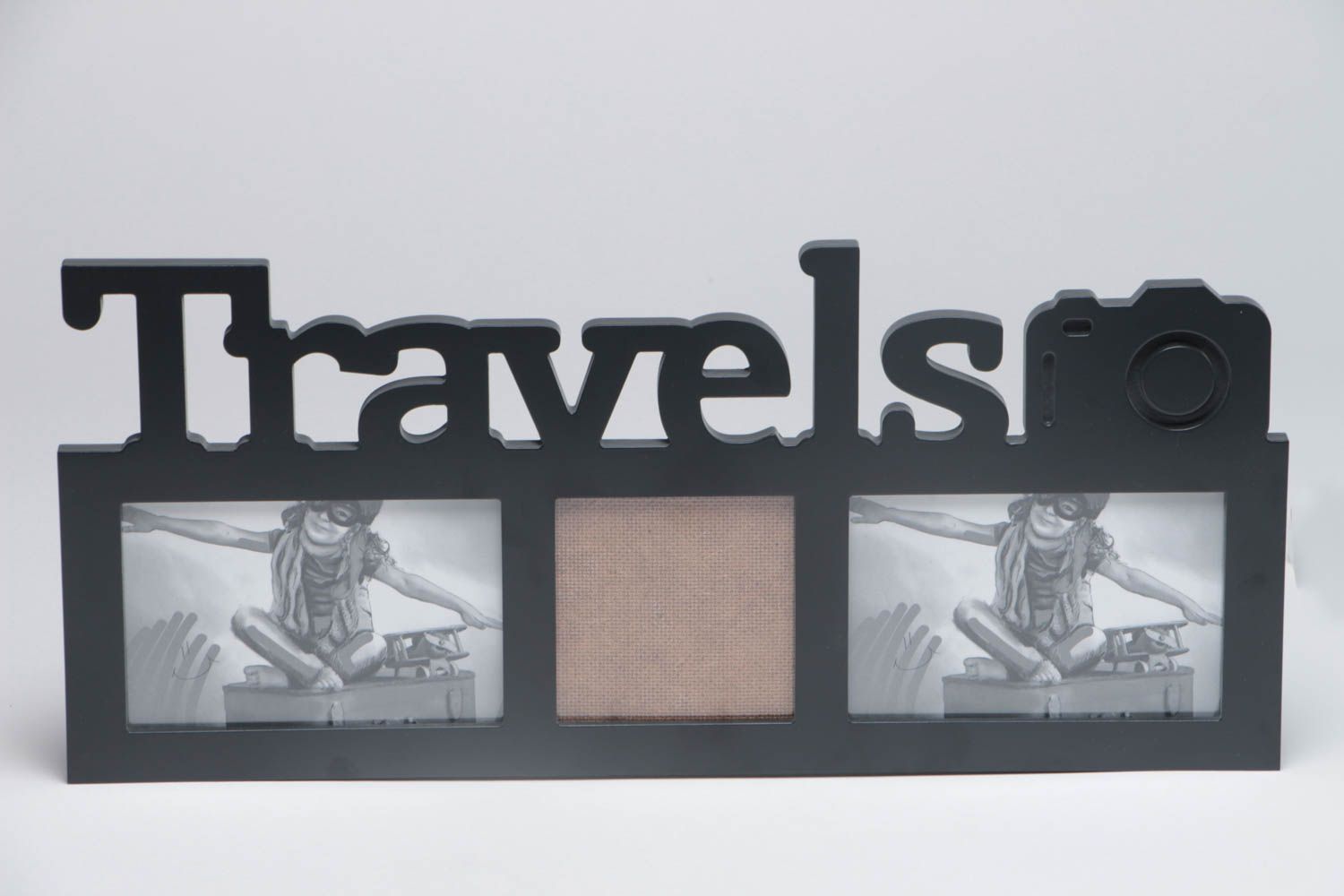 Handmade designer black rectangular MDF photo frame meant for 3 pictures Travels photo 2
