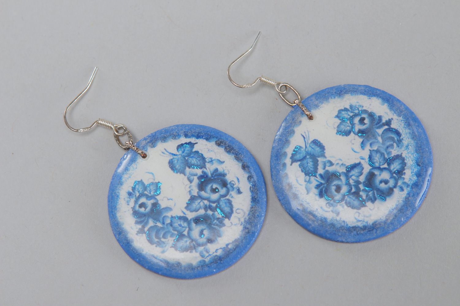Handmade polymer clay dangle earrings with print coated with epoxy resin  photo 1