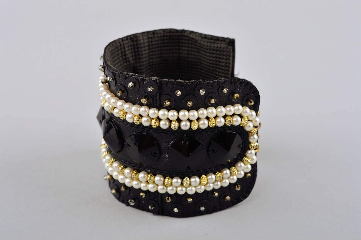 Bracelet fantaisie Bijou fait main noir cuir design de soirée Cadeau femme photo 3