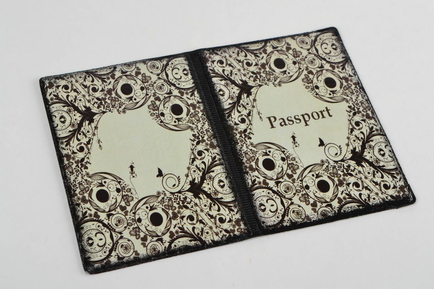 Handmade decoupage passport cover on faux leather basis with graphic ornament  photo 3