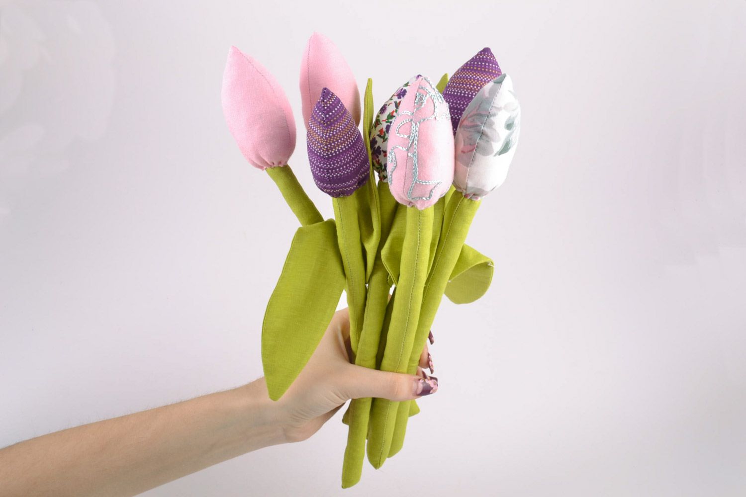 Bouquet of 7 handmade artificial colorful fabric tulip flowers for interior photo 4