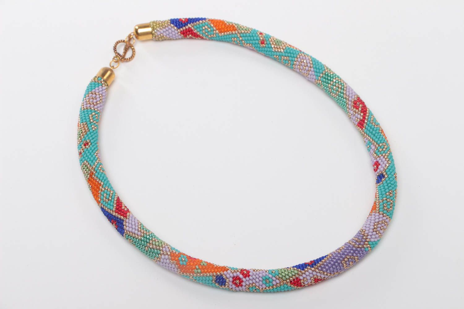 Handmade designer colorful stylish beaded cord necklace with geometric ornament photo 2