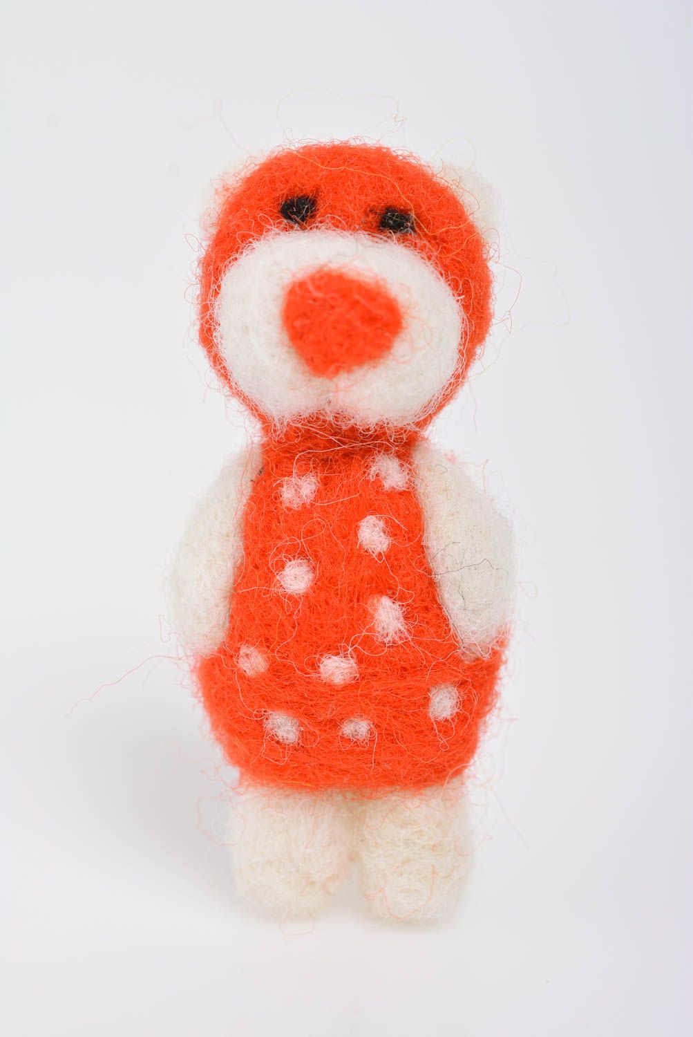 Handmade small designer funny animal brooch felted of wool white and orange bear photo 1