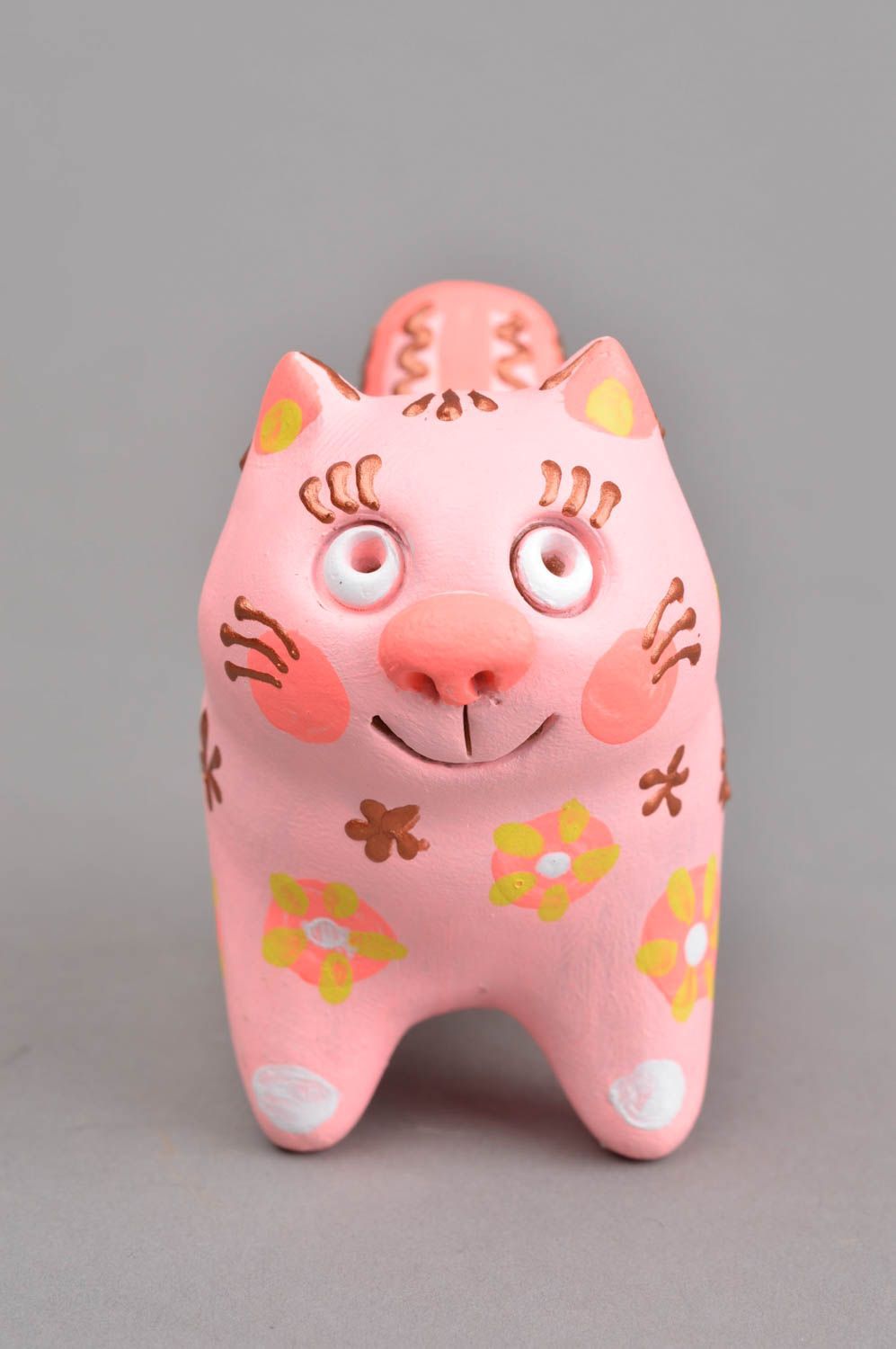 Sifflet jouet fait main Instrument de musique Figurine chat rose d'argile photo 3
