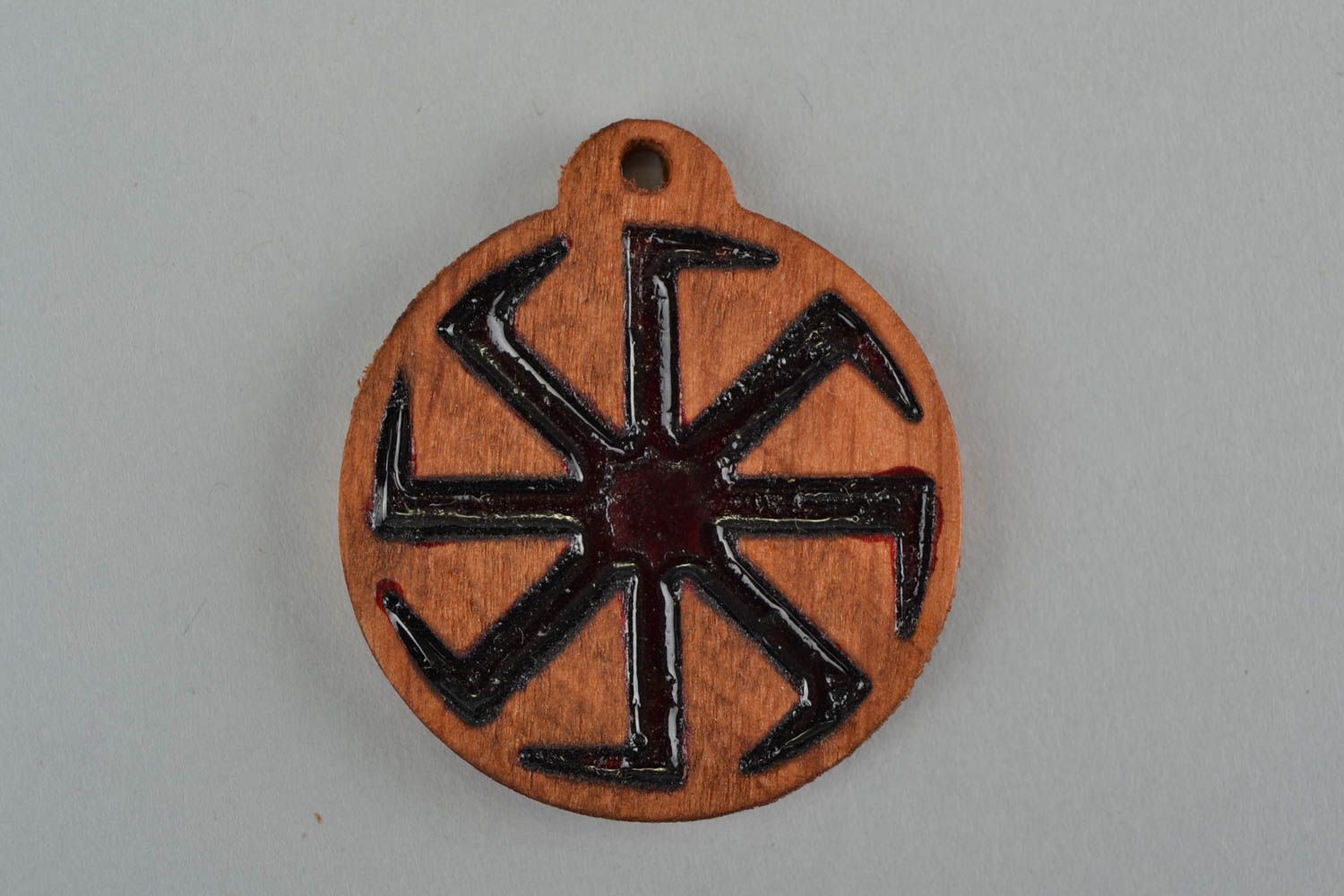 Slavonic handmade round amulet pendant made of wood Cross of Lada the Virgin photo 3