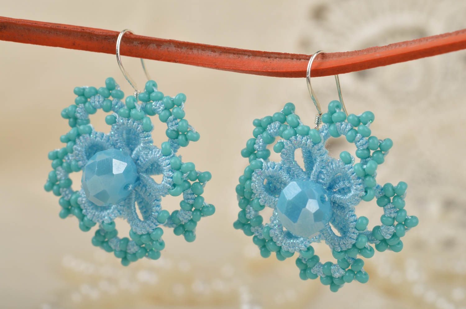 Beautiful unusual handmade tatting lace earrings with Czech beads Snowflakes photo 1