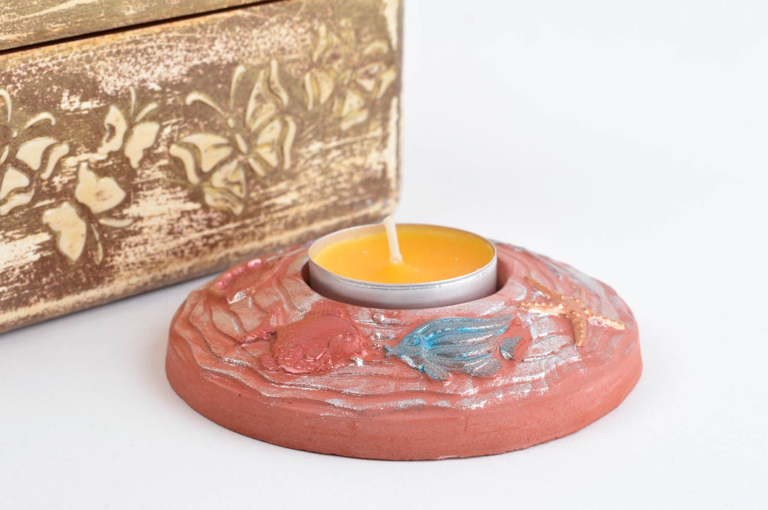 Terracotta color hand-painted flat one tea light candle holder for home décor 0,79 inches photo 1