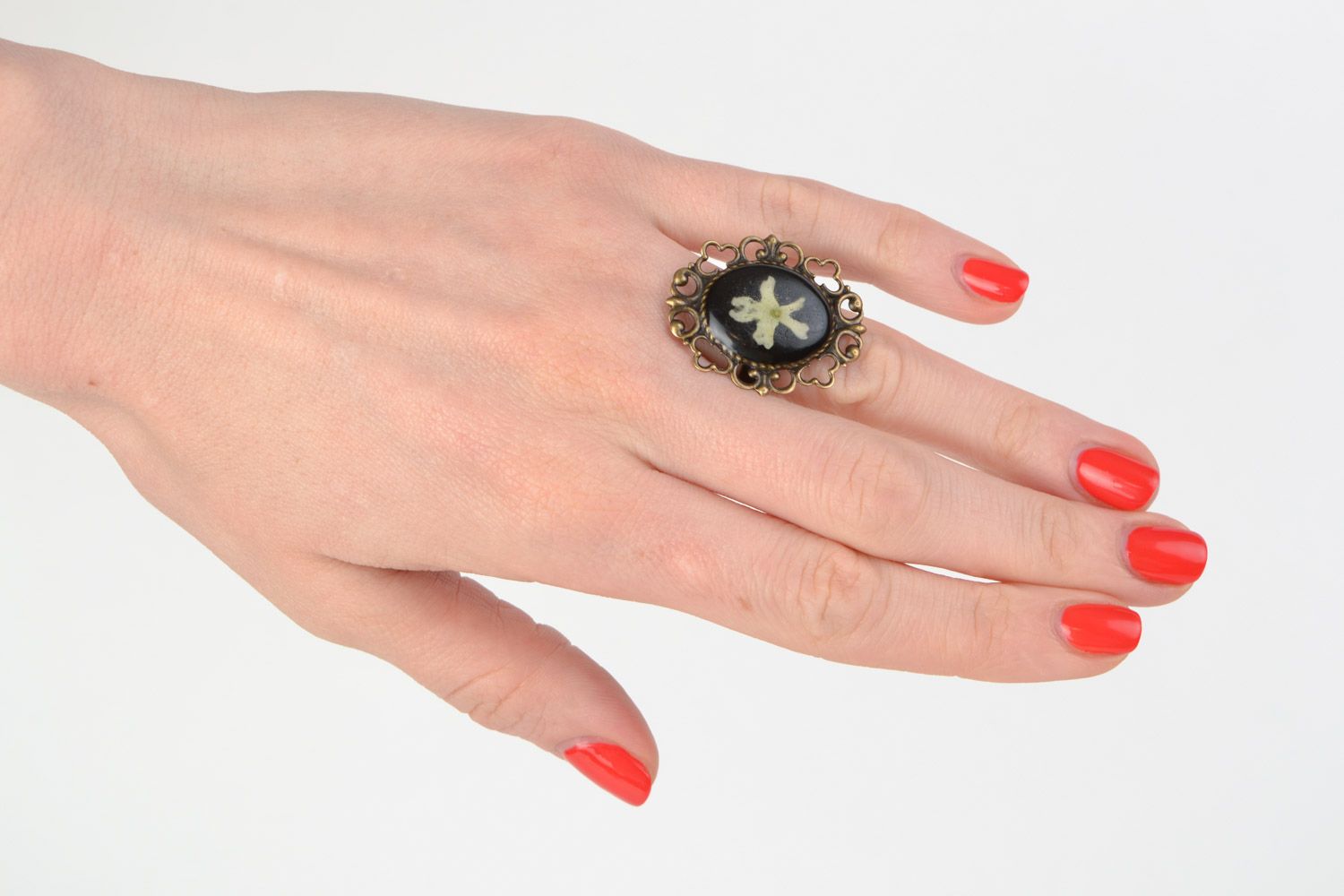 Handmade ring with vintage metal basis and dried flower in epoxy resin for women photo 1