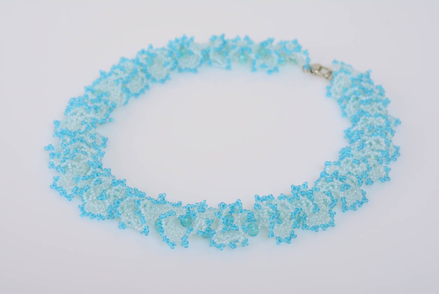 Handmade stylish romantic airy beaded necklace of gentle blue color photo 1