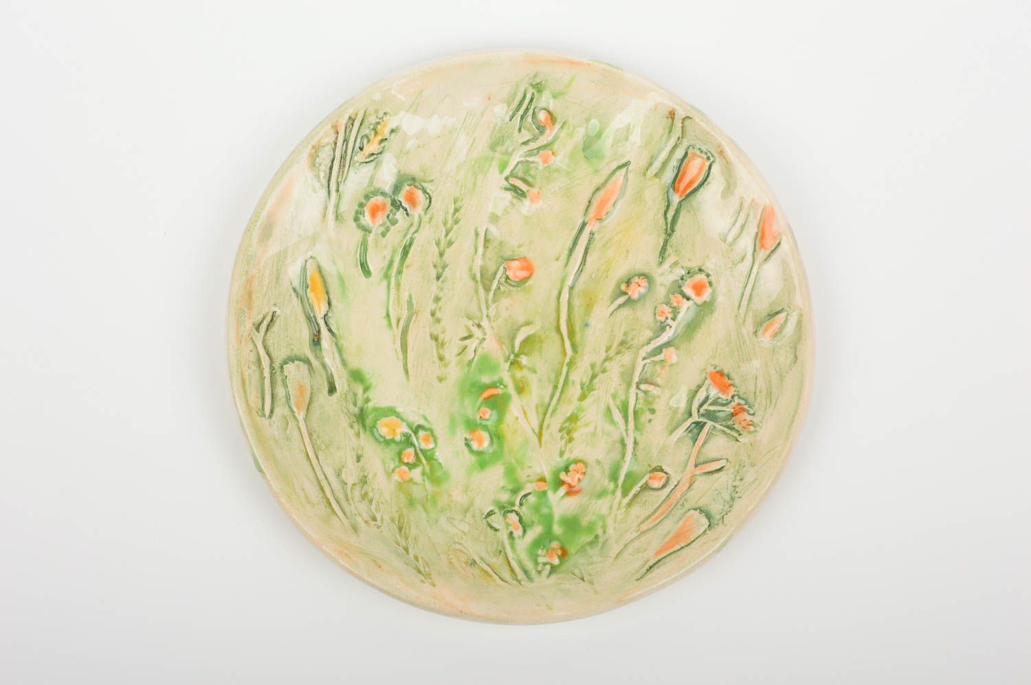 Плоская керамическая тарелка расписанная глазурью красивая ручной работы  фото 1