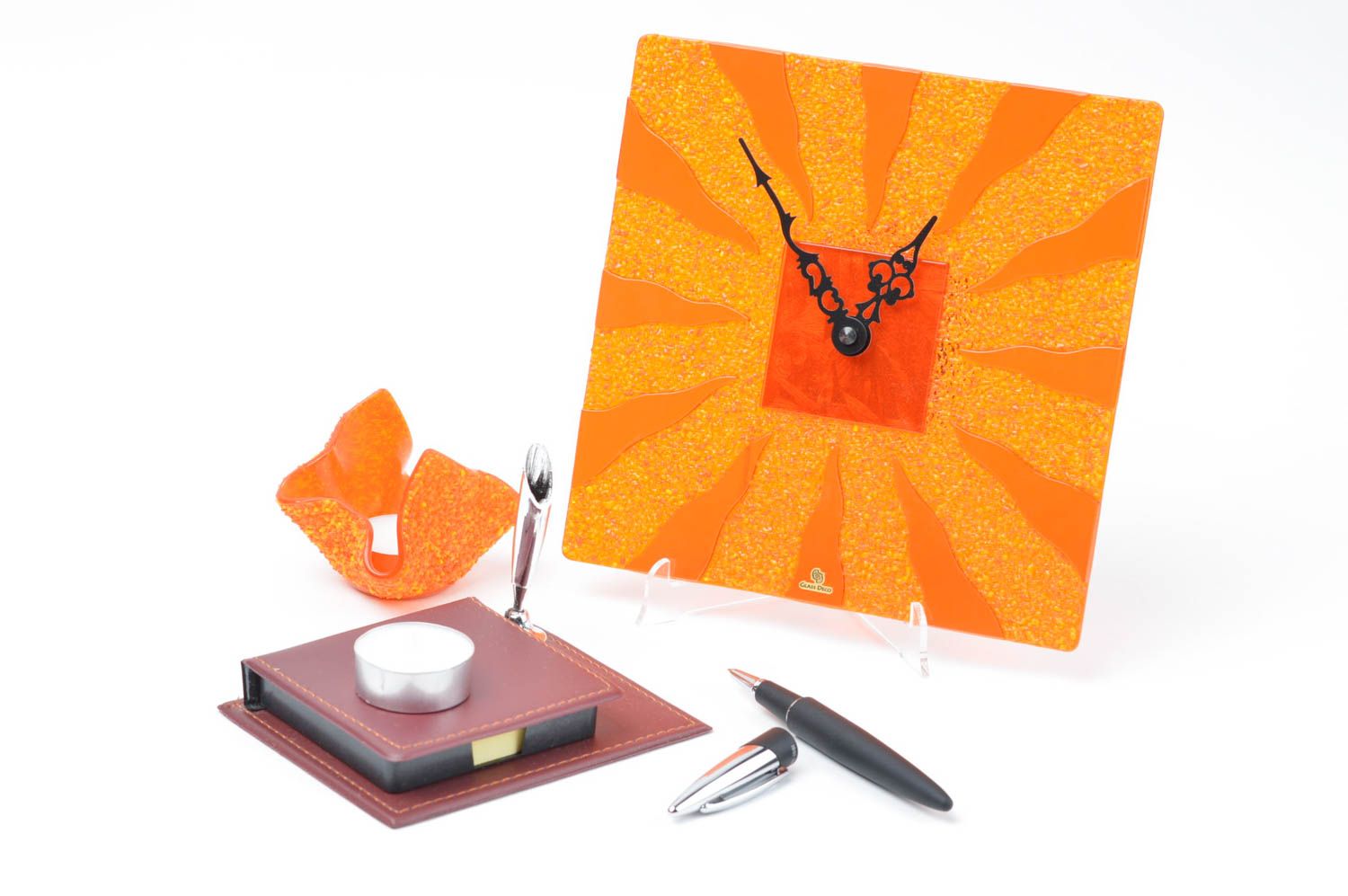 Bougeoir design Horloge murale fait main en verre orange Cadeau original photo 1