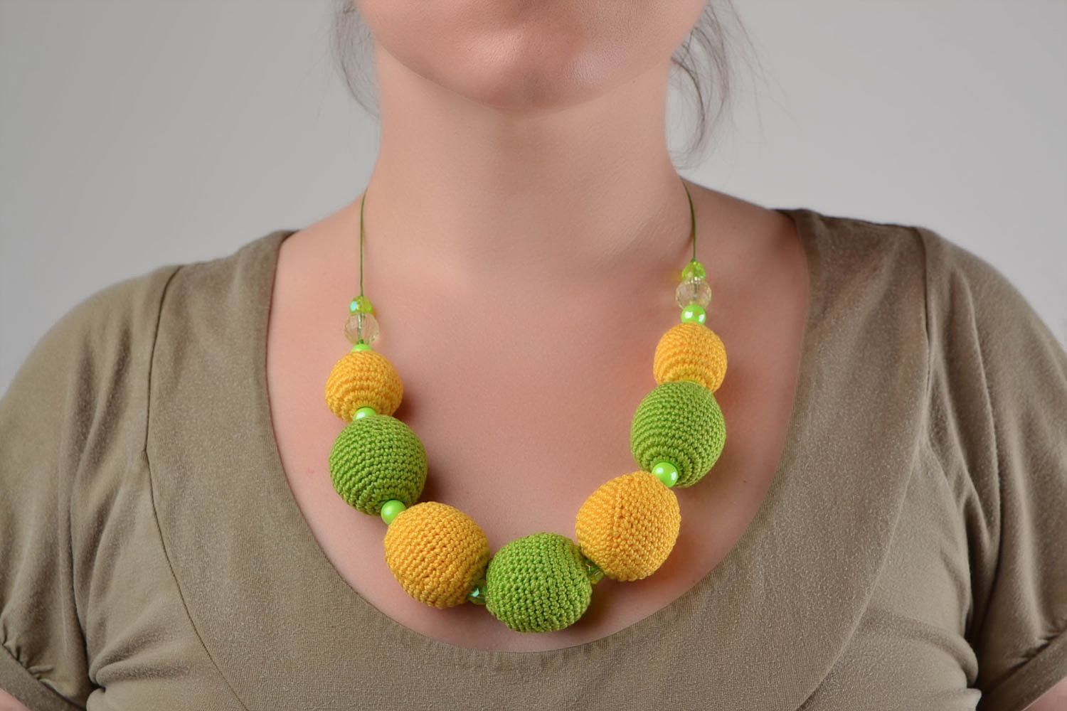 Woven cute handmade big yellow and light green unusual beautiful necklace photo 1