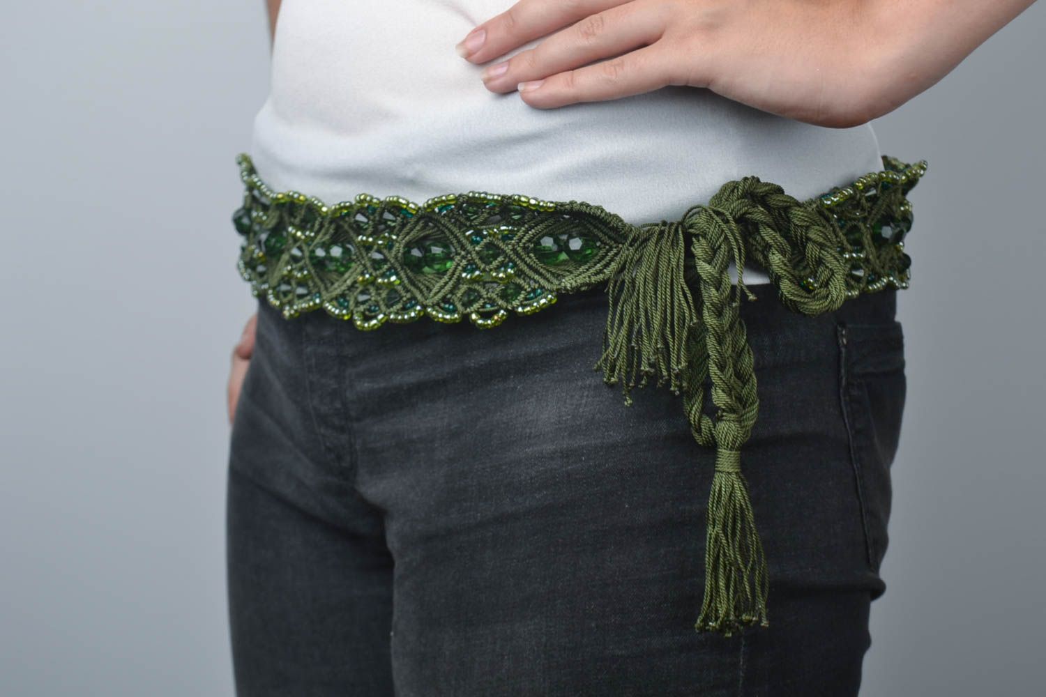 Ceinture en macramé faite main Accessoire femme vert foncé Cadeau original photo 1