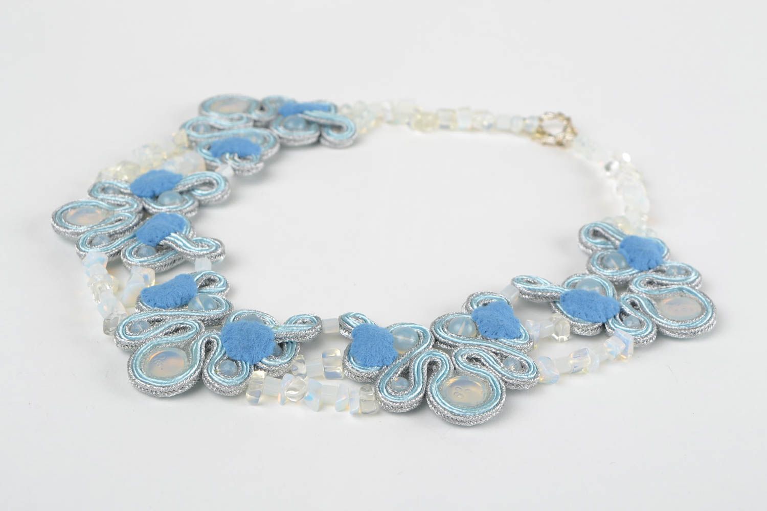 Unusual handmade blue soutache necklace with natural stone photo 5