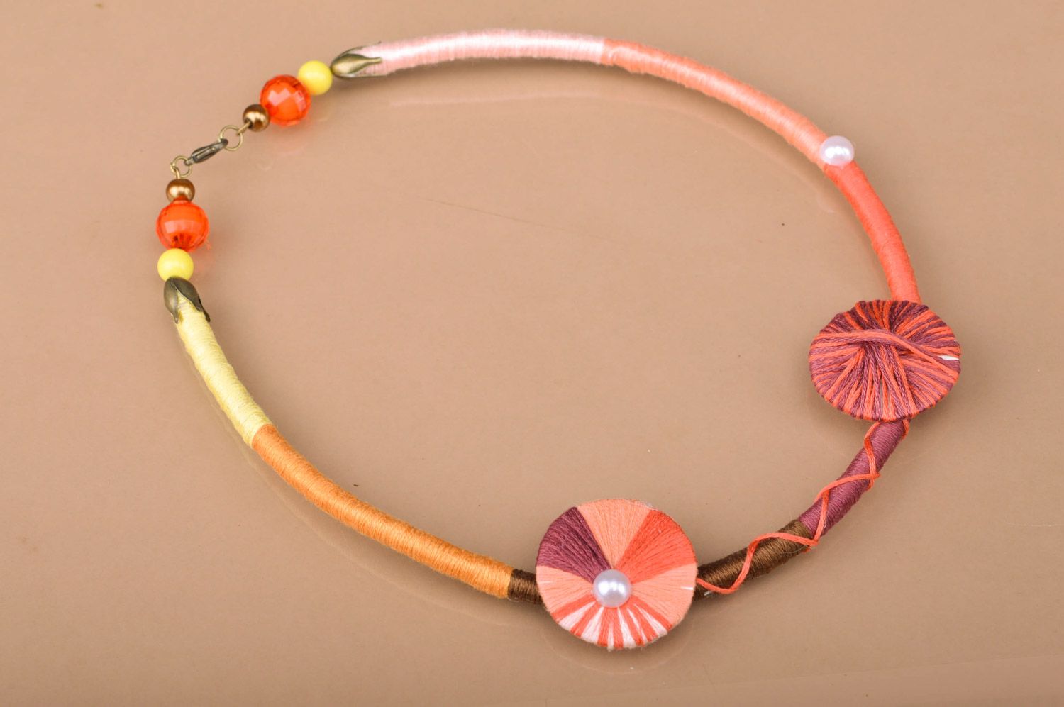 Handmade embroidery floss necklace with beads in pink color palette for women photo 1