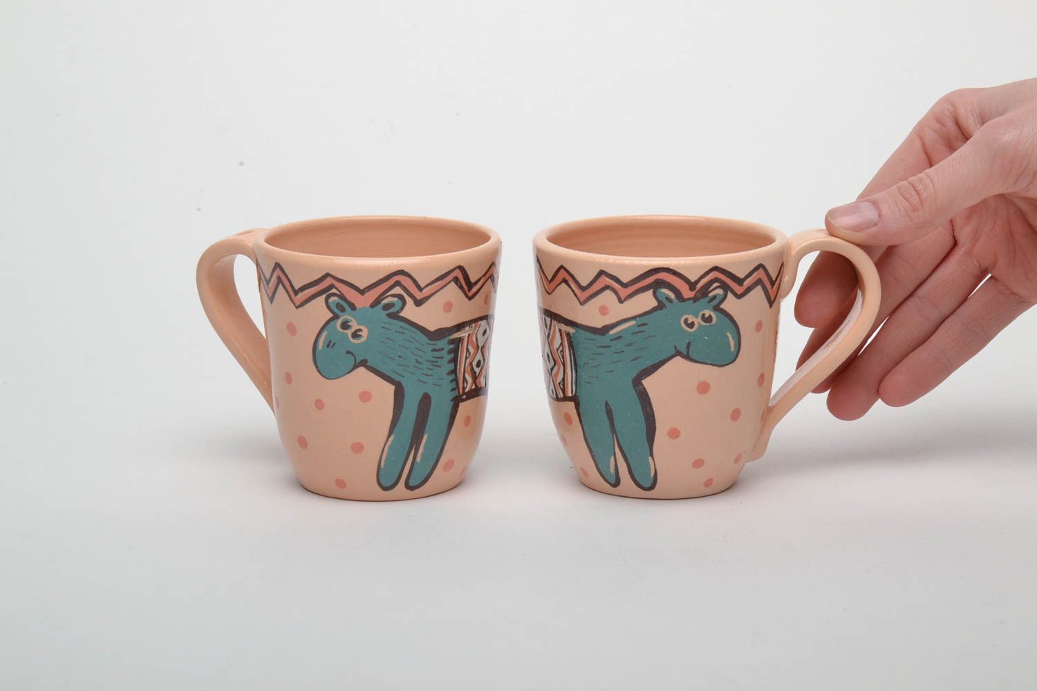 Beige color smiling lama pattern drinking ceramic two 5 oz cups with handle photo 5