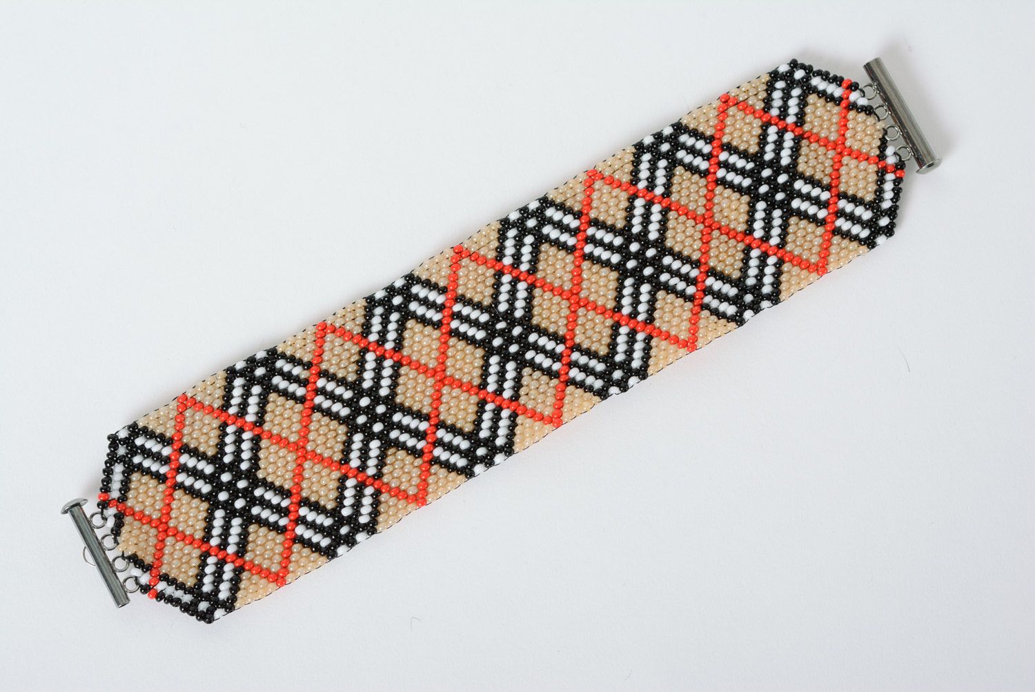 Broad beige checkered handmade wrist bracelet woven of beads for women  photo 3