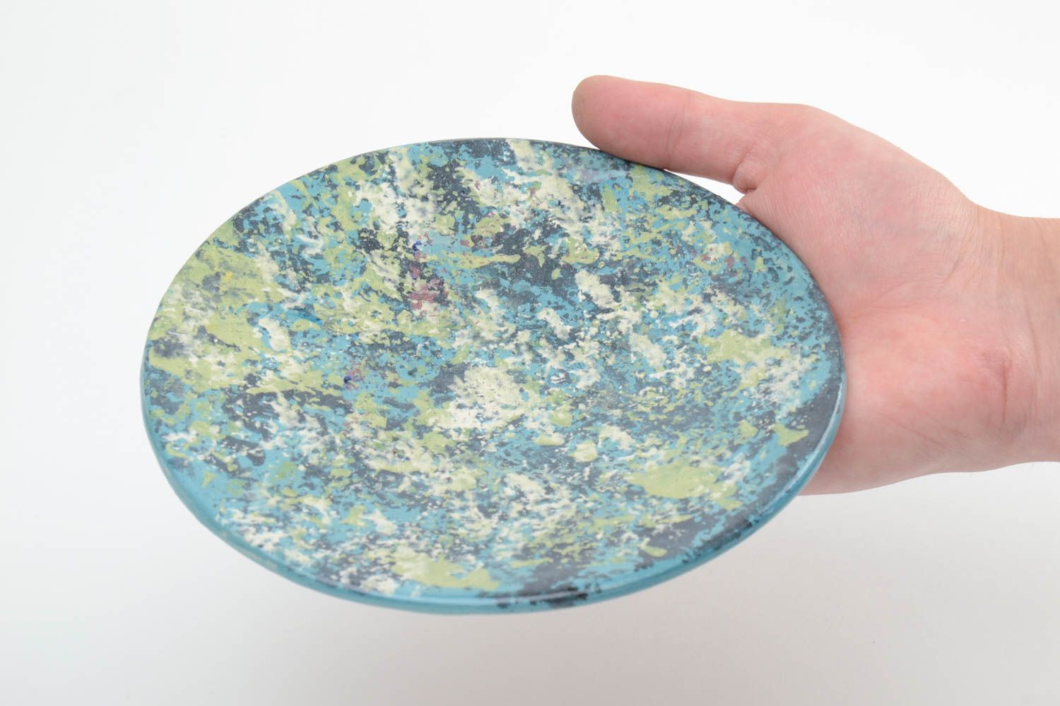 Handmade decorative glazed ceramic saucer in blue and gray color palettes photo 5