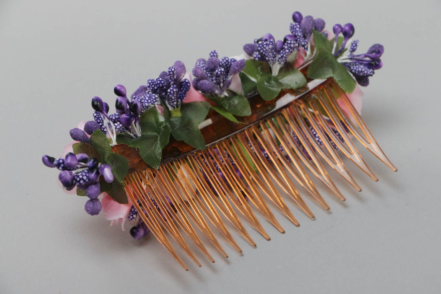 Handmade decorative hair comb with tender pink artificial flowers  photo 4