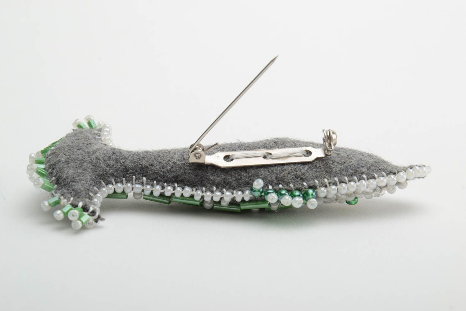 Grey textile fish brooch beaded handmade stylish accessory for every day photo 3
