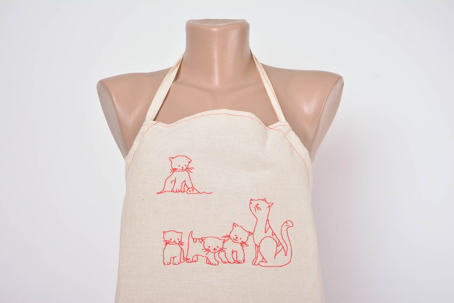 Female white apron made of semi linen fabric with handmade embroidery Cats photo 2